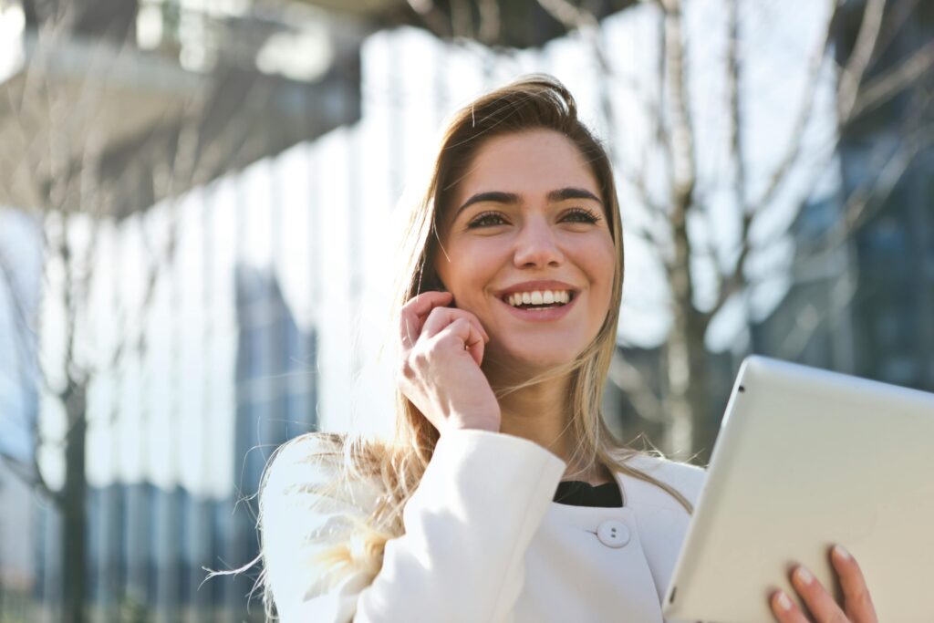 A woman who is happy after a cognitive-behavioral therapy session.