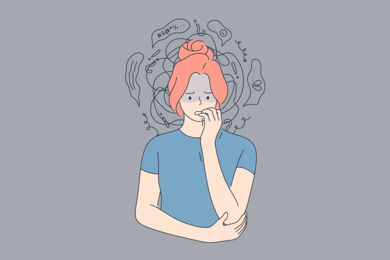 A cartoon image of a young woman experiencing an anxiety or panic attack.